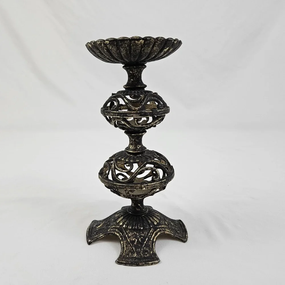 Brass Filigree Candle Holder Pierced Pillar Candlestick Moroccan Boho Old Patina